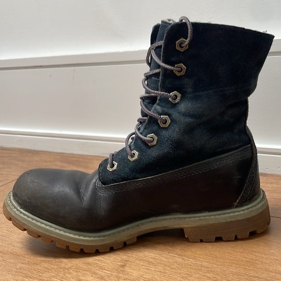 Timberland Waterproof Warm gray Teddy fleece Lined Boots navy blue leather sz 7 - Picture 7 of 10